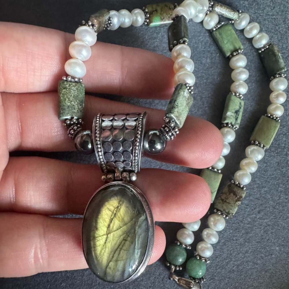 Elegant Sterling Silver and Labradorite Pendant Necklace with pearls 18" length